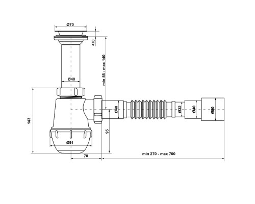 Сифон Waterstal А-40029 для мийки 1 1/2″ з гофрою