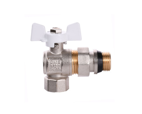 Кран кульовий кутовий з американкою Q PROFESSIONAL QP004 PN40 1/2″ антипротікання, Білий метелик