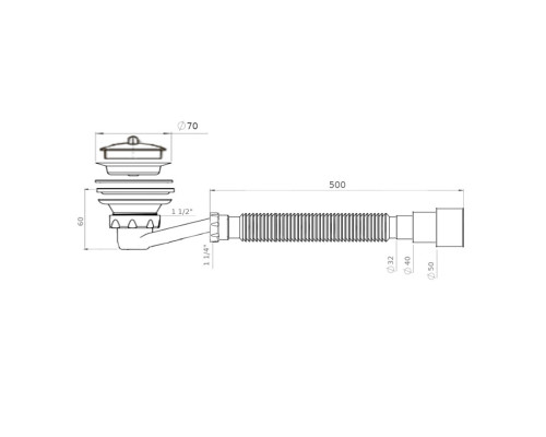 Сифон Waterstal  SE 3860 для душ. піддона 1 1/2″ низький з гофрою 32х32/40/50