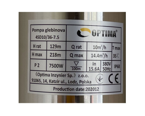 Насос свердловинний з підв. стійк. до піску OPTIMA 4SD10/36 7.5 кВт 218м 3-фазний ( 2 частини )