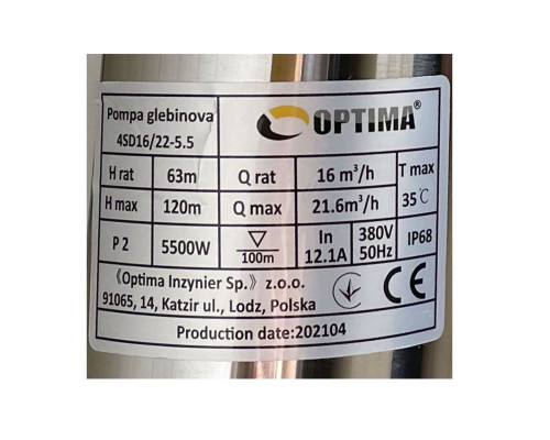 Насос свердловинний з підв, стійк, до піску OPTIMA 4SD16/22 5,5 кВт 120м 3-фазний ( 2 частини )
