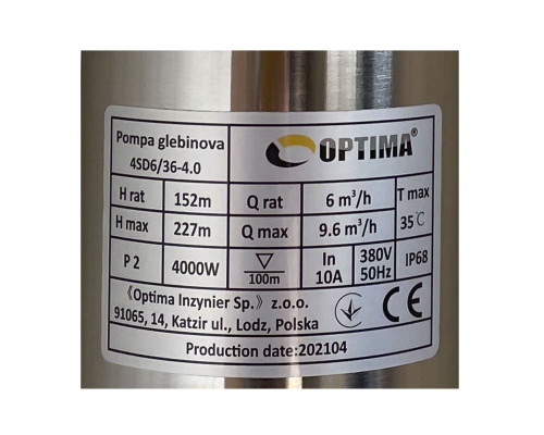 Насос свердловинний з підв, стійк, до піску OPTIMA 4SD6/36 4,0 кВт 227м 3-фазний ( 2 частини )