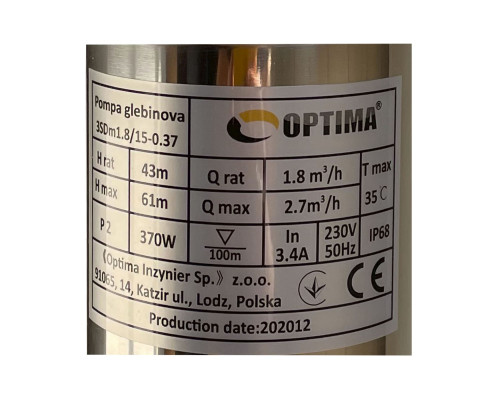 Насос свердловинний з підв, стійк, до піску 3″ OPTIMA  3SDm1,8/15 0,37 кВт 61м + пульт+кабель1,5мNEW
