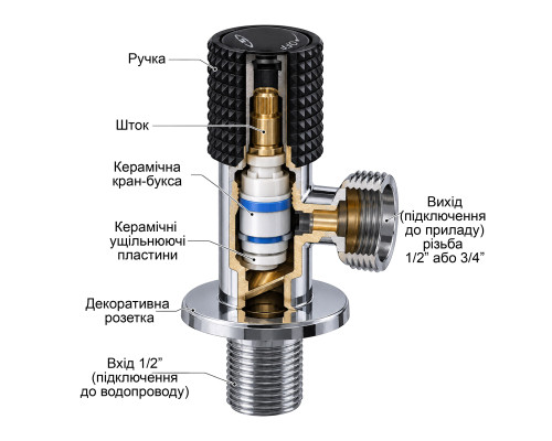 Кран кутовий кераміка SOLOMON EXCLUSIVE 1/2″X3/4″ 989 BB (BLACK/BLACK) ( 1шт.)
