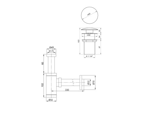 Сифон металевий з донним клапаном з переливом Globus Lux GS-32-105-03A