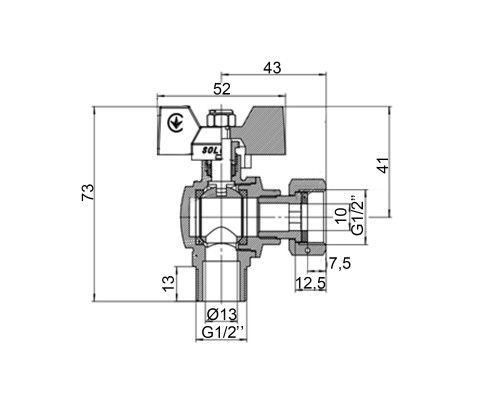 Кран кульовий кутовий з накидною гайкою SOLOMON 1/2″ ЗВ PN40 (V4002-S)