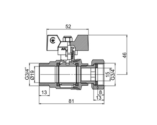 Кран кульовий прямий з накидною гайкою SOLOMON 3/4″ ЗВ PN40 (V5003-S)