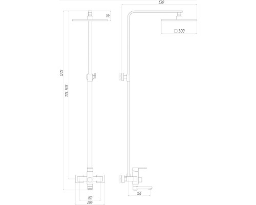 Душова система Globus Lux DS0026-Milano (Лійка Тропік300*300мм НЕРЖ) з виливом латунь Штанга 115см