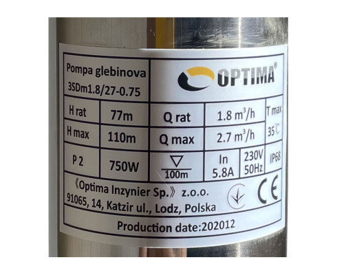 Насос свердловинний з підв, стійк, до піску 3″ OPTIMA 3SDm1,8/27 0,75 кВт 115м +пульт+кабель 1,5мNEW