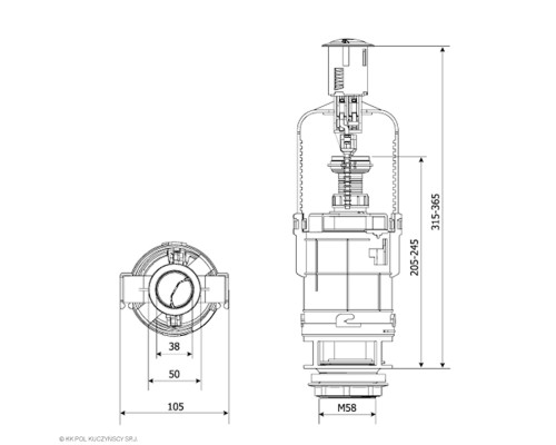 Двухфункціональний зливний клапан K.K.POL ZSD/206, 3/6л BIS(350/ZSD/206-00-T0)